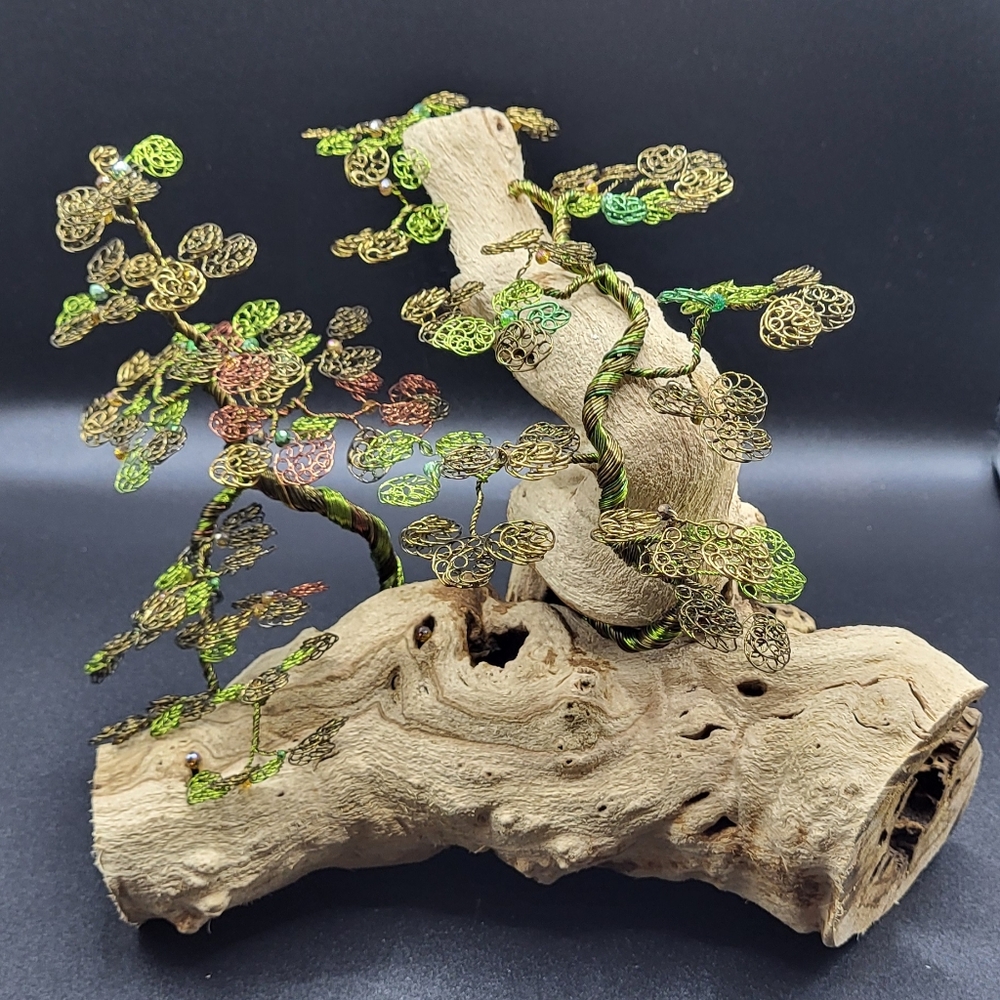 Bonsai Wire Tree , Joshua Tree of Life Copper & Green Wire on Driftwood